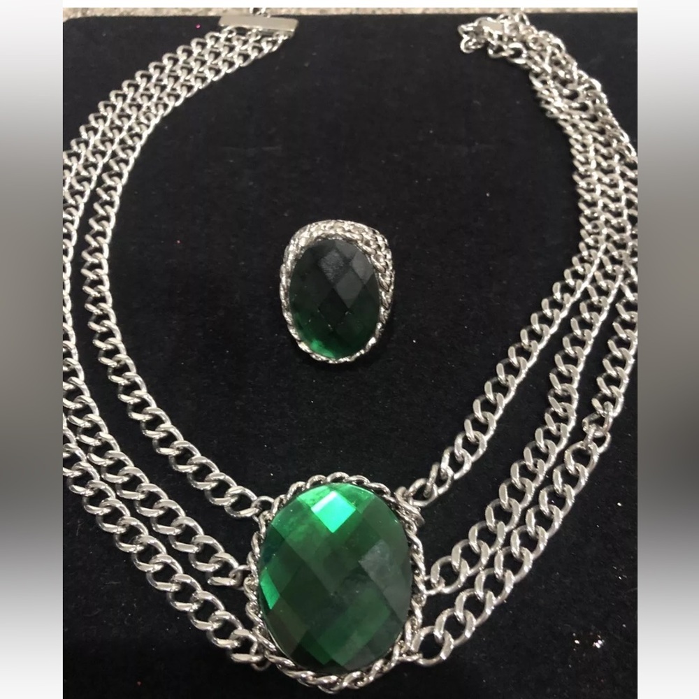 PJM Large Green Emerald Colored Multi strand silver stainless Necklace & Ring 9